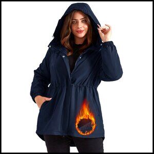Plus Size Fleece Lined Waterproof Rain Jacket Hooded Windbreaker Trench Coat
